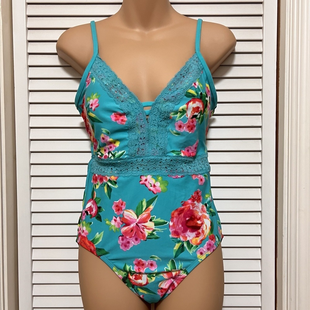 Time And Tru Women's One-Piece Swimsuit Floral Med (8-10) Open Back Monokini